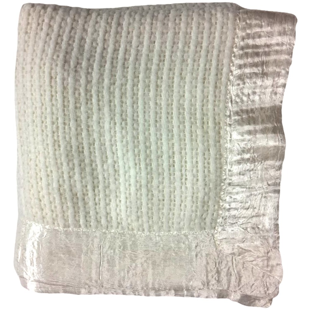 Vintage Unbranded Beige Thermal Baby Blanket Satin Trim Open Weave SOFT Lovey